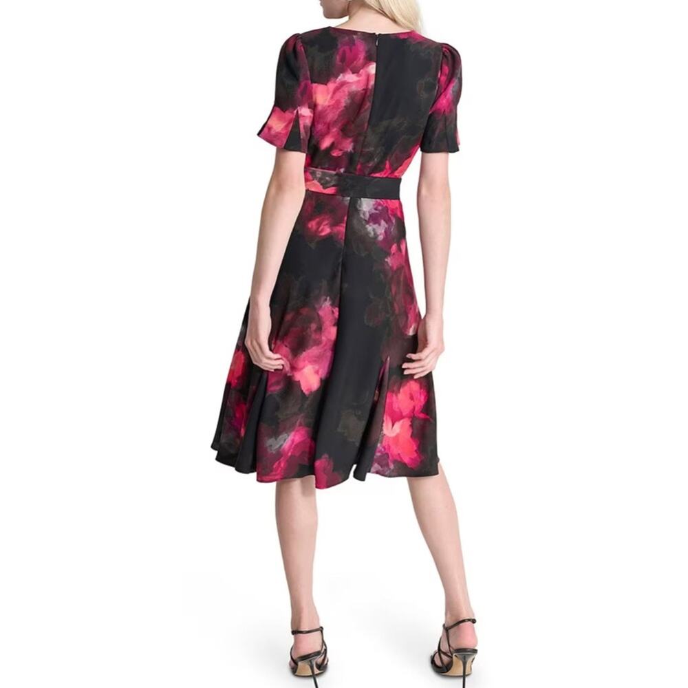 Donna Karan DKNY Printed Woven Crew Neck Short Godet Sleeve A-Line Dress Size 10 - Picture 3 of 5